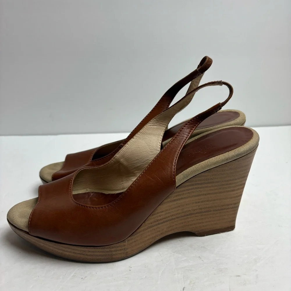 MaxMara Brown Leather Slingback Wedge Sandals Women’s size 37 6.5 Italy - Picture 2 of 10